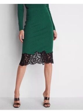 NWT Express Green Midi Pencil Skirt with Black Lace Hem